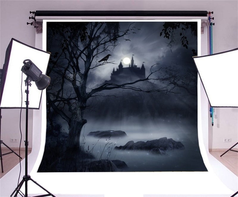 Laeacco Halloween Theme Backdrop 10x10ft Moonlight Foggy Wood Creepy River Haunted Castle Photography Background Ghastly Tree Cobweb Horror Night Halloween Party Banner Trick Or Treat Decoration - Image 3